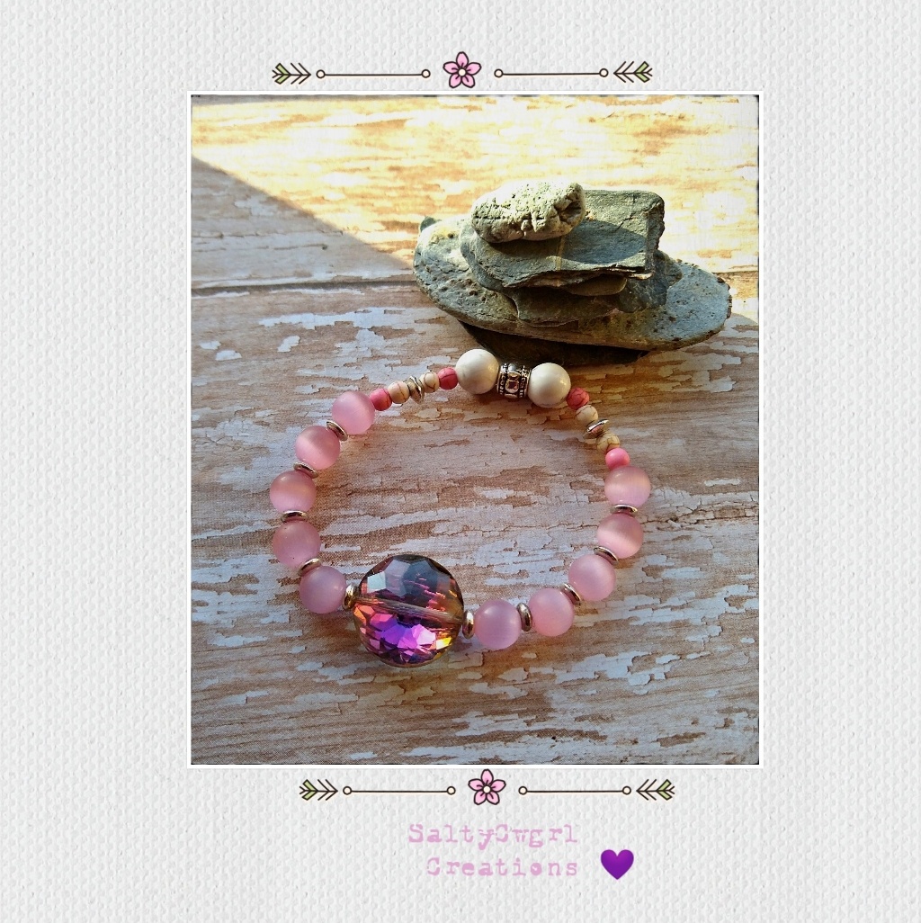 Pink Catseye Howlite Silver And Crystal Bracelet